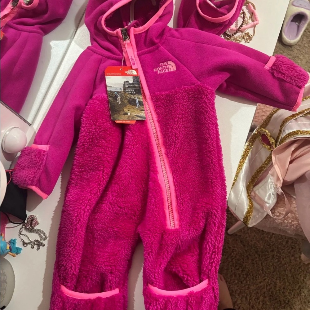 The North Face Girls' Bright Pink Fleece One-Piece Hooded Suit